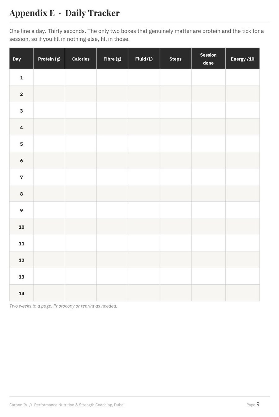 Appendix E, the printable daily tracker
